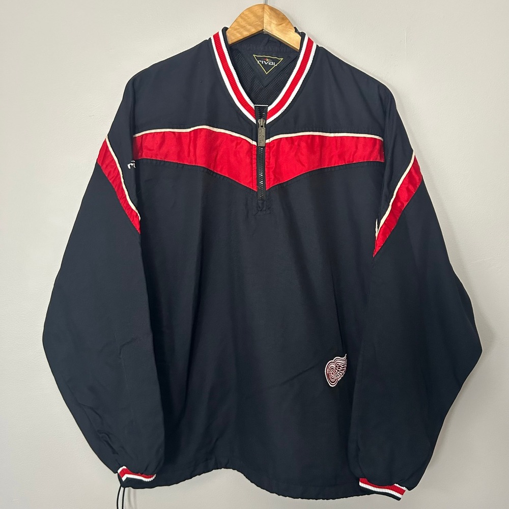 Vintage 90s Rival Detroit Red Wings Jacket Mens Large Black NHL 1/4 Zip Pullover